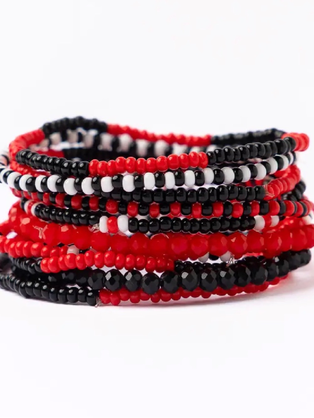 New in package Hand beaded 10 bracelet stack red black white Seed beads badgers